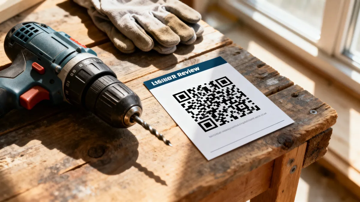 QR-Bewertungskarte auf einer Werkbank neben Akkuschrauber und Arbeitshandschuh, bereit für die Übergabe an den Kunden