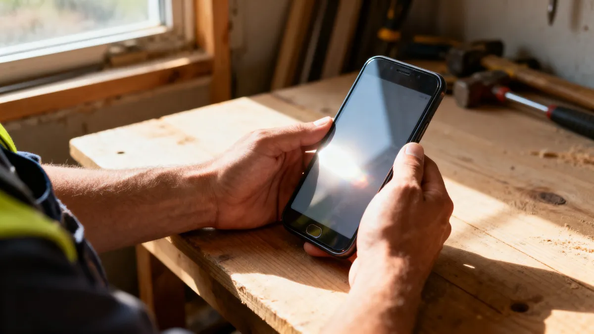 Handwerker prüft am Werkbank auf dem Smartphone die Bewertungen seines Betriebs