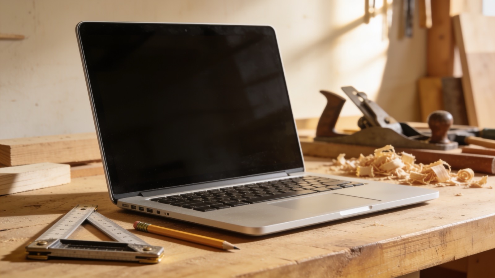 Laptop auf einer Werkstattbank zeigt eingehende Kundenanfragen neben Zollstock und Bleistift