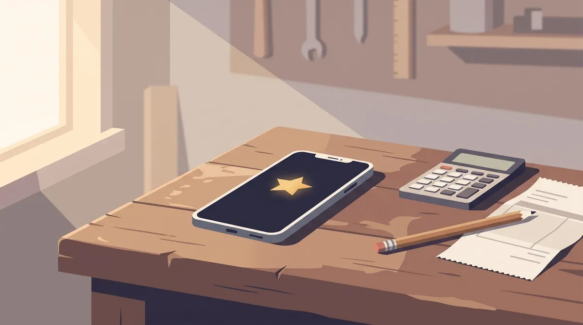 Illustration eines Smartphones mit einer 1-Stern-Bewertung auf einer Werkbank neben Taschenrechner und Rechnung