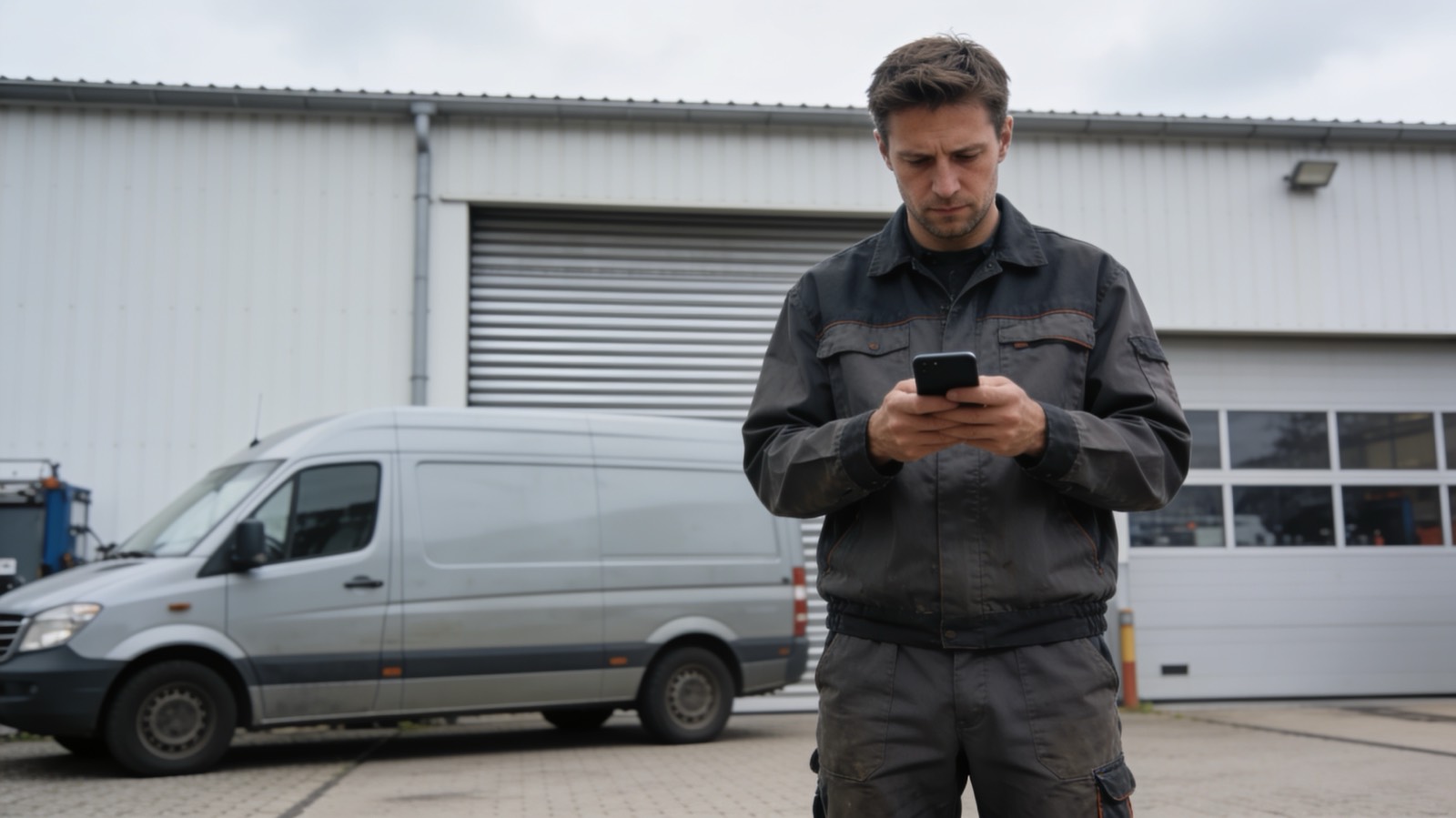 Handwerker steht vor seiner Werkstatt und prüft auf dem Smartphone, wo sein Betrieb in der lokalen Kartensuche erscheint