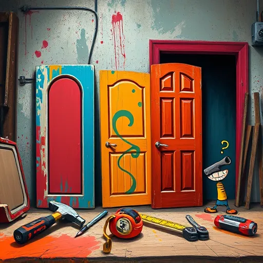A vibrant neo-expressionist artwork depicting a lively door installation scene in a workshop. The painting features bold, exaggerated brushstrokes and intense contrasting colors like reds, blues, and oranges, highlighting the creative and dynamic process of door replacement. Tools such as hammers, screwdrivers, and measuring tapes are scattered across a textured workbench that appears to pulse with energy. The scene showcases various door frames, some with swirling patterns and abstract details, representing different styles—ranging from classic arched designs to sleek modern panels. The background portrays a cluttered industrial space with splashes of paint, peeling wallpaper, and quirky chaos, including a cartoonish screw with a mischievous grin and exaggerated eyes peeking from the corner. The overall mood is energetic, confident, and slightly chaotic, emphasizing artistic craftsmanship and the transformative power of door installation. The textured, painterly style combines raw emotion with movement, enhanced by geometric patterns and abstract shapes that add depth, all under moody, washed-out lighting, creating a scene that celebrates creativity and innovation in door replacement and installation.