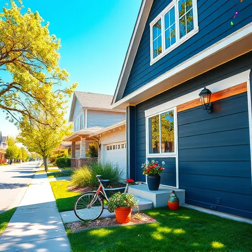 A highly detailed, photorealistic image of a modern, beautifully renovated suburban house exterior showcasing curb appeal. The house features sleek navy blue siding with crisp white trim, large energy-efficient windows reflecting a bright blue sky, and a stylish front porch with glossy wooden accents and potted plants. The well-manicured lawn has lush green grass dotted with colorful flowering shrubs. A contemporary garage door with subtle geometric patterns complements the home's exterior design. whimsical garden gnome peeks from behind a flower bed, a vintage bicycle leans against the porch railing, and playful fairy lights hang along the roofline, adding a lively touch. The background depicts a peaceful neighborhood street lined with mature, blooming trees casting dappled shadows. The scene's vibrant color palette of lively blues, whites, warm wood tones, and greenery highlights the transformative power of exterior remodeling, creating an inviting and cheerful atmosphere perfect for inspiring home upgrades.