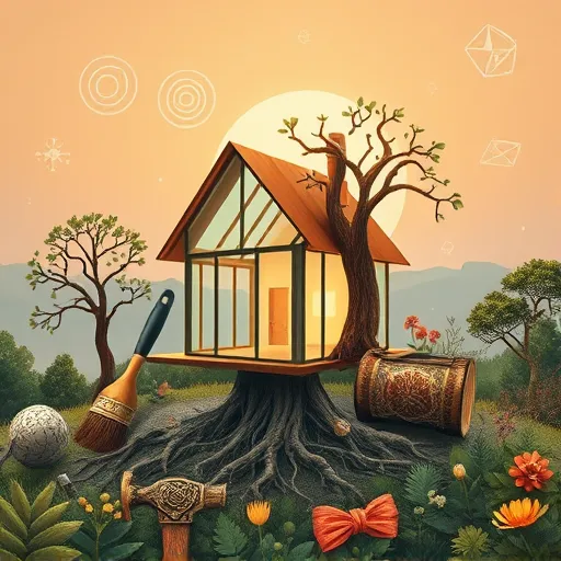 A vibrant blog cover image illustrating the theme of home restoration in a rich Symbolism art style. It features a partially transparent house constructed of glass and aged wood, nestled within a lush, expansive landscape. The house’s structure shows cracks and patches of shiny new materials, symbolizing transformation and renewal. A tall tree with entwined roots surrounds the foundation, representing stability and growth. The scene is illuminated by a rising sun casting warm, golden rays, evoking hope. Around the house are symbolic tools—a decorative oversized paintbrush, an intricately carved antique hammer, and a spool of colorful thread—highlighting craftsmanship and creativity. The background showcases a gradient sky in soft mauves and blues, dotted with floating geometric shapes like spirals and triangles, symbolizing reconstruction and harmony. Hidden among the foliage are subtle icons of sieves, gears, and sprouting flowers, representing nurturing and delicate restoration. The overall tone is optimistic and inspiring, blending playful proportions and a vibrant palette of warm golds, calming blues, deep greens, and coral accents, creating an inviting image perfect for a home renewal blog.