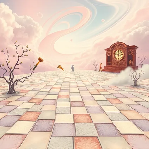 A surrealist digital artwork depicting a whimsical flooring installation scene. It features an expansive, floating floor of irregularly shaped, ripple-like tiles that extend into a sky filled with soft pastel swirling clouds. Some tiles levitate midair, resembling liquid waves, while others dissolve into shimmering constellation-like patterns. In the background, an ornate, clockwork-inspired workshop with turning gears and rising steam symbolizes craftsmanship behind flooring. Delicate vines with glowing leaves intertwine with oversized paintbrushes, tiny hammers, and miniature tiles, adding organic, creative elements. The environment blends indoor and outdoor features, with a dreamy horizon merging into a stylized landscape of melting hills and swirling colors, dominated by soft pinks, muted blues, and gentle lavenders. Playful details like floating keys and tiny whimsical creatures evoke storytelling and imagination, creating a captivating scene that combines professional flooring artistry with surreal, dreamlike wonder—ideal for blog cover art illustrating the art and creativity of flooring installation.