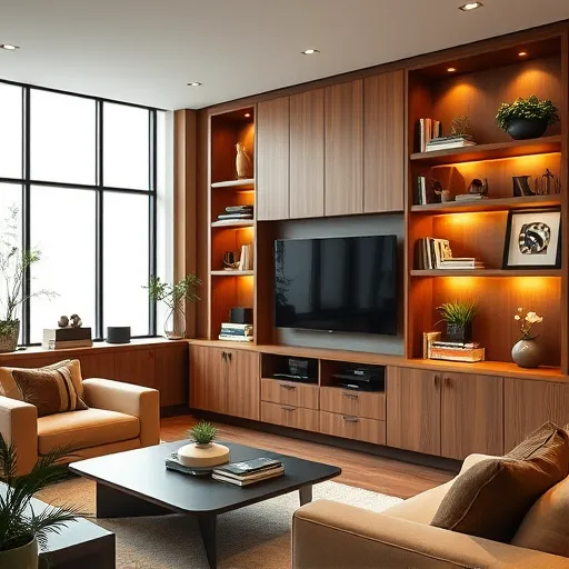 A photorealistic depiction of a modern, elegant living room featuring custom-built-in shelves and cabinetry seamlessly integrated into the architecture. The shelves display curated decorative items, including vintage books, potted plants with exaggerated, quirky foliage, and eclectic art pieces. Playful touches such as a colorful, quirky clock embedded in the cabinetry and a whimsical sculpture among the books add personality. Warm, inviting lighting accentuates the natural wood grain and matte finishes, creating a cozy yet sophisticated atmosphere. Large windows in the background flood the space with natural daylight, highlighting detailed textures and subtle reflections on polished surfaces. The scene exudes a balance of professionalism and creative flair, with a refined color palette of warm browns, soft beiges, subtle greens, and vibrant accents, emphasizing bespoke craftsmanship and unique charm in a thoughtfully designed, inviting space.