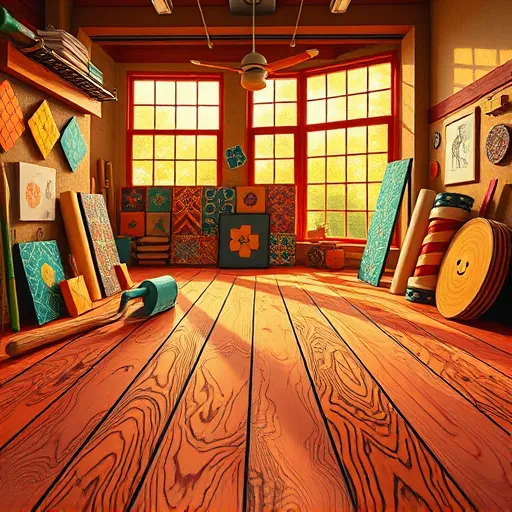 A vibrant mural-inspired scene emphasizing flooring installation, rendered in the bold style of Mexican Muralism. The foreground features a large, textured wooden floor with intricate patterns and vivid color variations in rich browns, burnt oranges, and deep reds, showcasing craftsmanship. Surrounding the main scene are abstract tool representations—including trowels, hammers, and paintbrushes shaped like trowels—intertwined with stylized motifs of geometric tiles, mosaics, and decorative borders, all depicted with dynamic lines and symbolic details. The background depicts a lively workshop with large sunlit windows casting warm golden light, creating dramatic shadows that highlight material textures. Playful animated-like elements, such as dancing tiles, smiling saw blades, and cheerful floorboards with expressive faces, add personality and charm. The environment hints at a bustling artisan studio with colorful tiles, patterned vinyl rolls, and sketches pinned to walls, all stylized with bold outlines and flat color areas typical of mural art. The overall mood is energetic and inspiring, reflecting pride and tradition in craftsmanship, combined with a fun, lively atmosphere. The color palette uses earth tones complemented by bright accents like turquoise, lime green, and sunny yellow, evoking warmth, creativity, and vibrancy. This composition captures the spirit of Mexican Muralism—bold, meaningful, and full of life—making it an engaging visual for a blog cover about flooring installation.