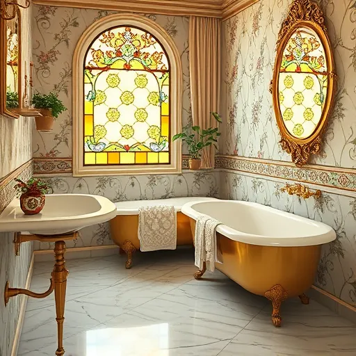 An ornate vintage bathroom designed in the romantic, detailed style of the Pre-Raphaelite Brotherhood, featuring lush natural motifs like roses, ivy, and lilies intertwined around gilded fixtures and intricate tile work. The scene includes an antique sink, clawfoot tub, and delicately patterned wallpaper with peacock feathers and swirling vines, contrasted against polished marble flooring that reflects warm golden light. A stained-glass window filters sunlight into kaleidoscopic patterns, casting a serene glow. Quirky decorative elements include a porcelain teapot-shaped soap dispenser, potted plants on shelves, and a mirror with Art Nouveau scrollwork decorated with tiny fairy-like creatures amid foliage motifs. The background suggests a grand, opulent space with velvet curtains and vintage plumbing fittings as artistic accents. The color palette features jewel tones—emerald greens, ruby reds, and pastel pinks and blues—creating a lush, dreamlike atmosphere. Fine brushwork and lace-like patterns evoke timeless elegance, while whimsical details add a fairy-tale charm, capturing a cinematic scene of an enchanted, artful bathroom retreat blending historical grandeur with playful eccentricity.