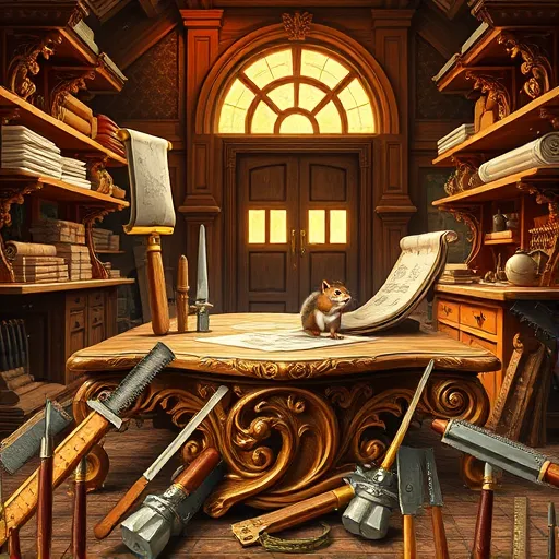 A detailed Baroque-style scene illustrating high-quality carpentry services within an opulent workshop. The scene features an ornate wooden table with intricate swirling patterns and cherubic motifs, exemplifying luxurious craftsmanship. Surrounding the table are artisan tools such as hand-forged chisels, elaborate mallets, and finely crafted rulers, arranged dynamically, with some intertwined with delicate vines and decorative flourishes, adding a whimsical touch. The backdrop showcases towering wooden shelves filled with polished planks, scrolls of parchment with detailed blueprints, and a richly decorated arched window that bathes the scene in warm, golden light, highlighting floating dust particles and creating a serene, sacred atmosphere. Playful and charming details include a tiny squirrel holding a miniature saw peeking from a crack in the wood, and a winged cherub-shaped carving that appears alive, bringing personality and fantasy to the scene. The overall mood exudes reverence for craftsmanship, blending Baroque opulence with a cozy, inviting workshop ambiance. The color palette features deep golds, rich browns, and accents of emerald green, with luminous highlights emphasizing the decorative intricacies. This visually stunning tableau celebrates the artistry and timeless skill of carpentry within a fantastical, regal setting that combines professionalism with fantasy charm.