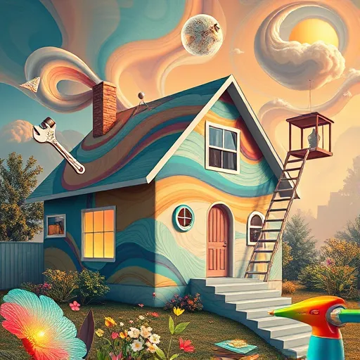 A surrealist exterior remodeling scene showcasing a suburban house transformed into a whimsical masterpiece. The house features vibrant, swirling patterned walls in shades of teal, gold, and soft coral, resembling flowing fabric or melting paint, creating a lively yet harmonious atmosphere. Its roof displays an undulating gradient akin to a sunset sky, adorned with abstract, floating geometric shapes like triangles, circles, and shards that defy gravity. Exaggerated, elegant tools—such as a wrench with a spiraling handle, a clock-faced hammer, and a paint roller leaving trails of iridescent paint—are integrated into the scene, emphasizing the creative remodeling theme without human figures. The surrounding environment includes a fanciful garden with twisted, curving plants, leaves resembling delicate feathers, and shimmering, swirling-petal flowers in metallic hues. A translucent, glowing glass ladder extends into the sky, with tiny floating windows along its rungs reflecting the fantastical scenery. In the background, impossible architectural elements such as a floating porch supported by swirling clouds and a spiral staircase reaching into the heavens add to the surreal, playful atmosphere. The overall scene is vibrant and imaginative, with a dreamy color palette dominated by iridescent blues, luminous golds, and bright oranges, accentuated by shifting light and playful shadows, evoking a sense of wonder, creative transformation, and otherworldly charm.
