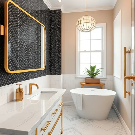 A luxurious bathroom remodeled in the Art Deco style, featuring geometric patterns, gold accents, and elegant detailing. The modern space includes gleaming marble countertops, chrome fixtures, and streamlined design elements that evoke sophistication. A freestanding bathtub with angular lines sits beneath an ornate mirror with gold framing, reflecting subtle teal and navy hues for a calming ambiance. Near the window, a stylized potted plant with fan-shaped leaves adds greenery against pastel blush and cream-colored walls. The accent wall displays bold black and gold chevron and sunburst tile patterns, enhancing the Art Deco aesthetic. Vintage-inspired vanity accessories with geometric designs sit beside an oversized sunburst-shaped soap dispenser. Art Deco-style lighting fixtures with globe shapes and delicate gold filigree cast warm light across the space. Metallic accents and polished surfaces create a sense of opulence, elegance, and playful luxury. The color palette combines rich golds, deep blues, soft blush, and crisp whites, emphasizing modern sophistication with artistic symmetry and decorative flair, perfect for a high-end bathroom renovation.