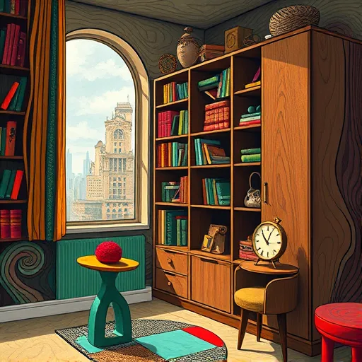 An expressionist illustration of a custom-built interior space featuring an oversized, whimsically exaggerated bookshelf overflowing with colorful, unevenly shaped shelves filled with quirky books and decorative objects, reflecting personality and creativity. To the side, a custom wardrobe with exaggerated, slightly open doors reveals playful patterned fabrics and unique storage solutions, with intricate swirling wood grain textures highlighting craftsmanship. The cozy yet vibrant room has emotionally charged walls painted in deep emeralds, rich burgundies, and golden yellows, creating a warm, energetic atmosphere. Light filters through an abstract-shaped window, casting dramatic shadows, while a stylized houseplant with twisting, exaggerated leaves stands on an uneven table, adding a lively touch. In the background, a distorted urban landscape with jagged buildings and swirling skies is visible through the window, enhancing the sense of depth and creative energy. Details like a whimsical clock and a colorful patchwork rug emphasize the playful, artistic tone, all rendered with vibrant, expressive colors typical of expressionism.