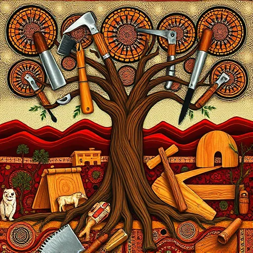 A vibrant Aboriginal art style illustration depicting carpentry services, featuring stylized woodworking tools such as chisels, hammers, and saws woven into flowing ancestral patterns. The central image showcases a large, revered tree whose roots and branches seamlessly transform into detailed hand tools, symbolizing growth, stability, and craftsmanship. Surrounding motifs include Aboriginal dot paintings and line work with wood grain-inspired textures, creating an organic flow that emphasizes natural beauty. The palette comprises warm earthy tones—rich reds, deep browns, sunburned oranges—accentuated with subtle whites and blacks, evoking a grounded, professional atmosphere with earthy playfulness. Reflective silver accents on tools add a modern touch. In the background, stylized landscapes with rolling hills, distant mountains, and abstract woodworking stations evoke a setting of craftsmanship and cultural richness. Hidden within the intricate patterns are tiny carved animals and miniature tools, adding playful details. The overall composition balances tradition and creativity, portraying woodworking rooted in cultural reverence and artistic storytelling.