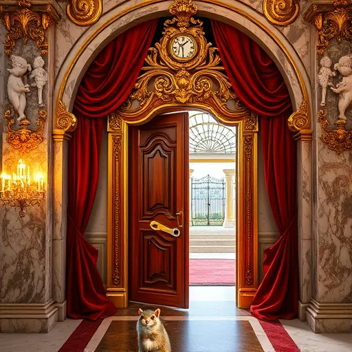 A highly detailed Baroque-style door installation scene featuring an ornate, handcrafted wooden door with elaborate carvings and gilded accents set within a majestic marble archway. The doorway is adorned with swirling gold and bronze embellishments, cherub motifs, and intricate scrollwork, surrounded by lush crimson velvet drapery, emphasizing opulence and craftsmanship. Dramatic lighting highlights rich textures, while decorative elements include a miniature clock embedded in the doorframe and a playful squirrel peeking from behind carvings, adding whimsical charm. In the background, glimpses of an opulent interior with glittering chandeliers, marble columns, and a sunlit courtyard through an open gate evoke a space of grandeur undergoing transformation. The scene combines regal elegance with a playful undertone, capturing the artistry involved in door installation and replacement, with a color palette of warm golds, deep reds, mahogany browns, and creamy ivories. This image beautifully blends timeless craftsmanship with quirky details, highlighting the sophistication and creativity behind transforming an ordinary door into a masterpiece.