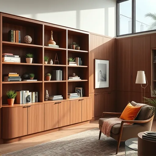 A photorealistic image of a modern, sophisticated living room featuring custom-built-in shelves and cabinetry seamlessly integrated into the architecture. The wood textures are rich and smooth, accented by subtle metallic details. The shelves display a curated collection of books, decorative objects, potted plants, and vintage trinkets, adding personality and warmth. Natural light filters through large windows, casting gentle shadows that highlight craftsmanship. An armchair draped with a colorful, quirky throw blanket and an unconventional sculpture among the books add playful touches. In the background, a cozy reading nook with a plush, patterned rug creates an inviting atmosphere. The scene’s warm earthy tones—deep browns, soft beiges, and subtle greys—are complemented by vibrant decorative pops, evoking refined comfort and elegant functionality. The detailed textures, reflections, and lighting emphasize the artistry of the custom cabinetry, inviting viewers to imagine themselves in this thoughtfully designed, welcoming space.