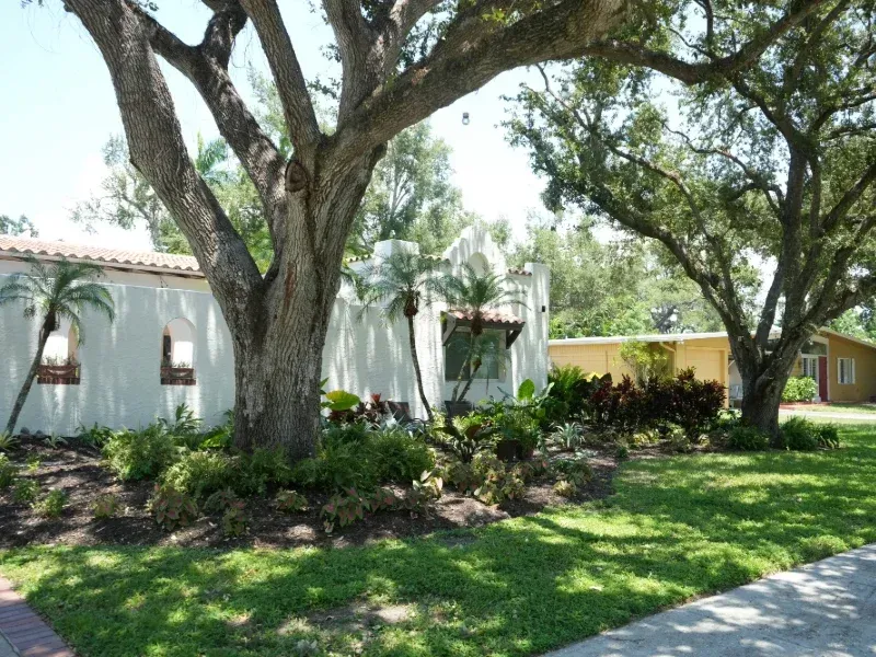 Spreader applying lawn fertilizer on bright green grass