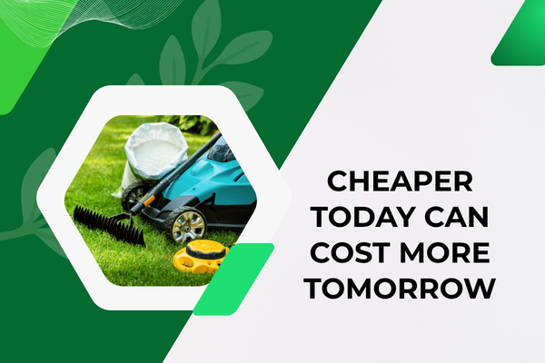 DIY lawn equipment next to patchy grass and weed growth.