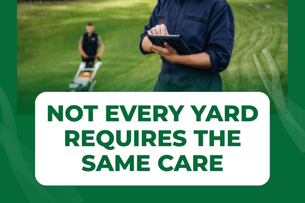 Lawn maintenance professional evaluating a residential property before providing a service estimate.
