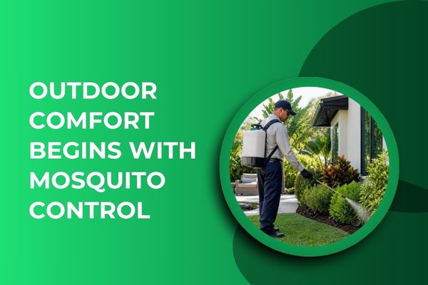 A mosquito control specialist treating shrubs and landscape areas around a Fort Myers home to reduce mosquito populations.