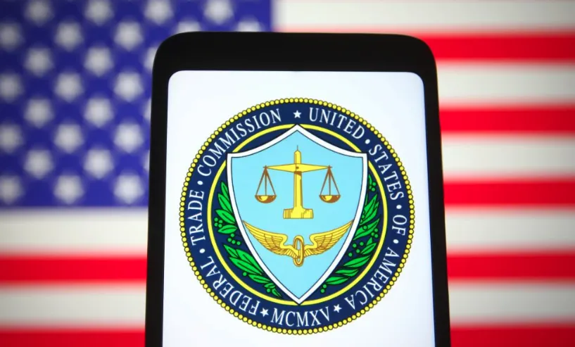 Colorful Graphic | Seal of the FTC Commission on a Smart Phone | Background Image of the American Flag