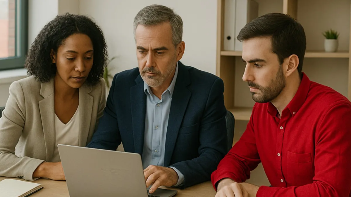 Realistic photo of three professionals sitting together at a desk in a modern office, focused on a laptop screen. The group includes a woman in a beige blazer, a man in a navy jacket, and a man in a red shirt. Natural light comes through a nearby window, with shelves and plants in the background.