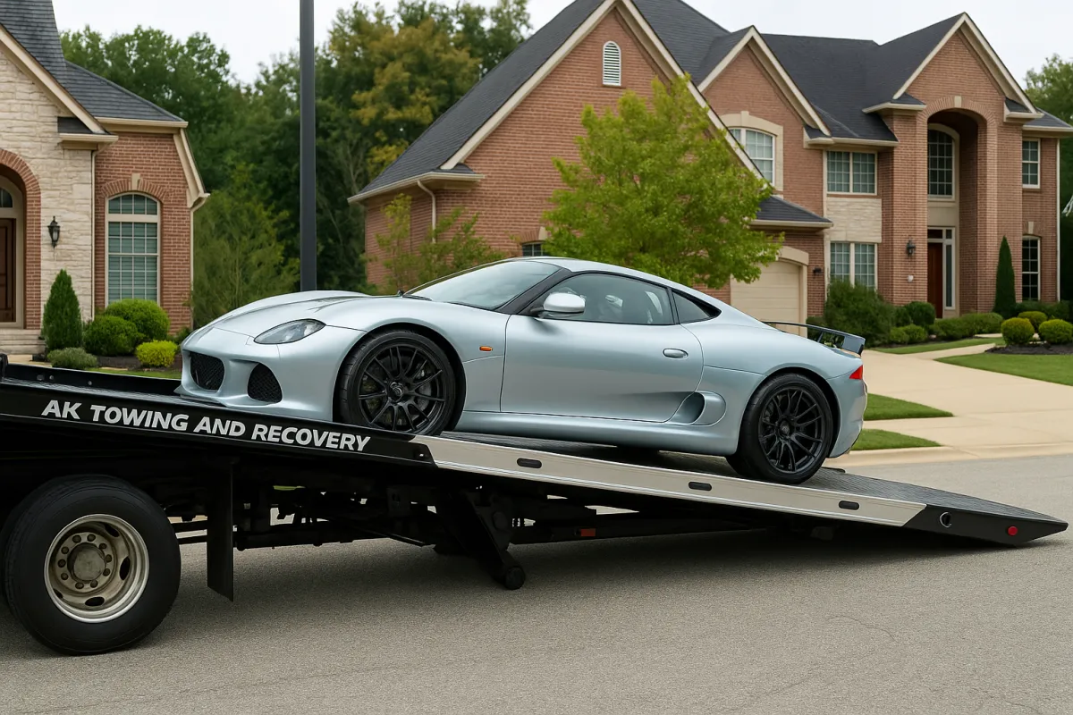 Flatbed towing a silver luxury sports car in Tampa residential neighborhood by AK Towing and Recovery