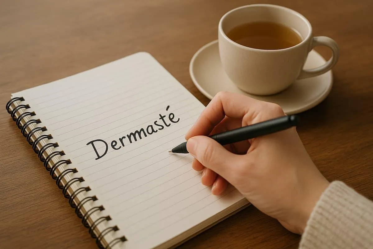 Mano che scrive Dermasté su un taccuino accanto a una tazza, simbolo del brand e della sua missione
