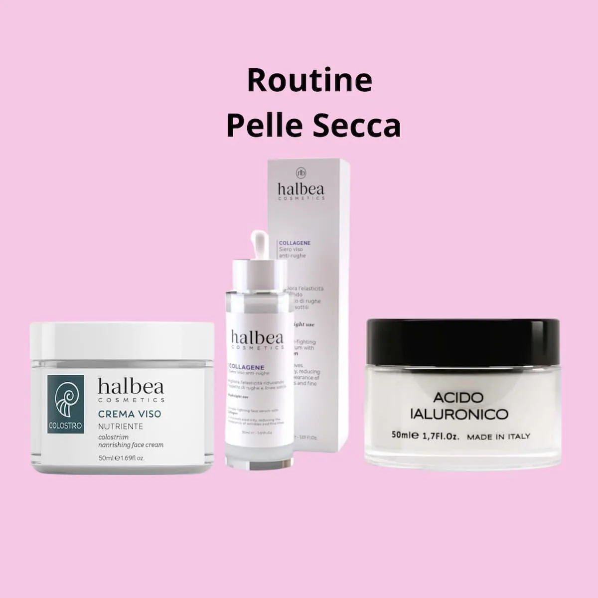 Routine Dermasté per pelle secca con crema al colostro, siero al collagene e crema viso all’acido ialuronico