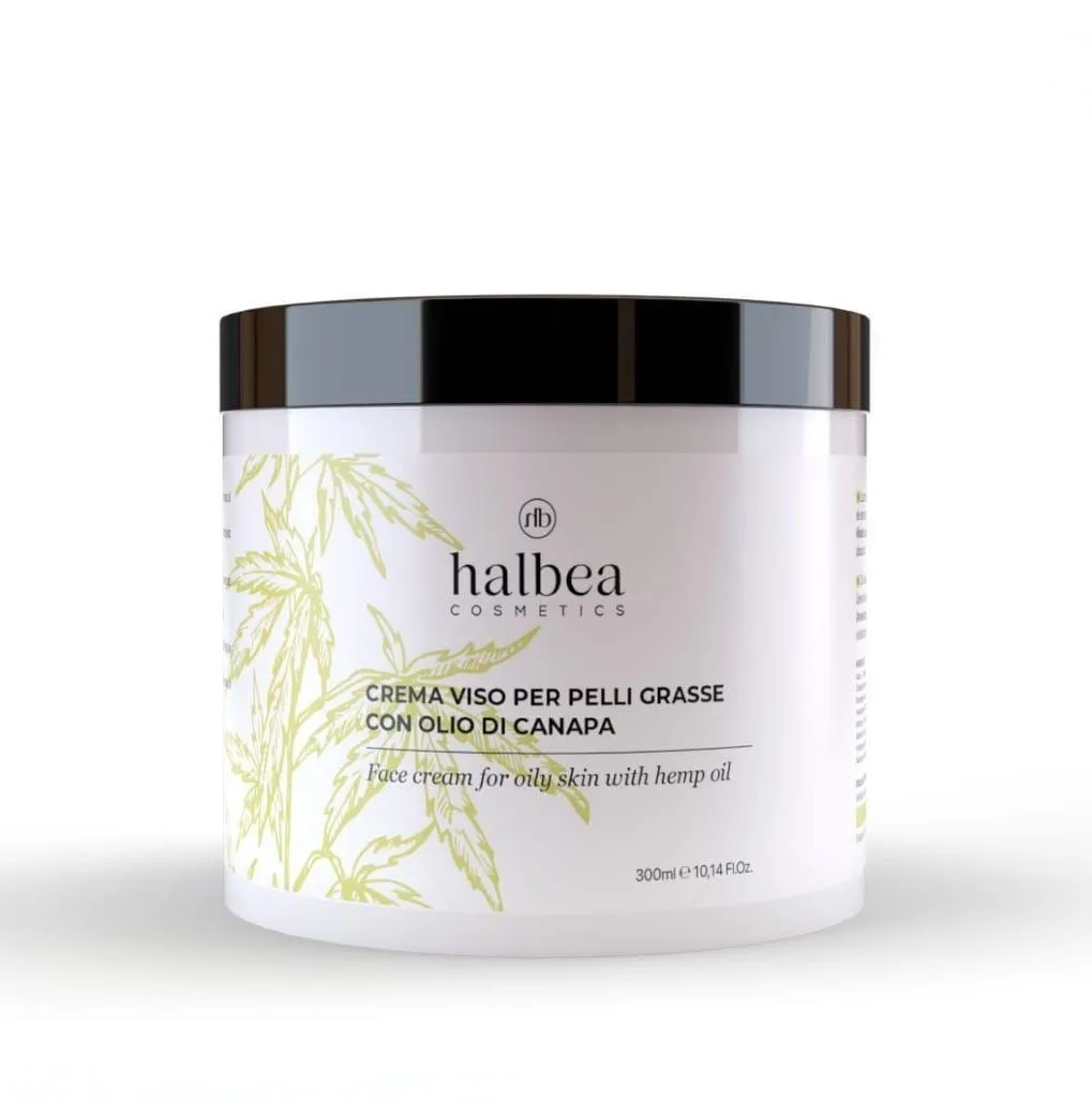 Crema viso per pelli grasse con olio di canapa Halbea, riequilibrante e nutriente
