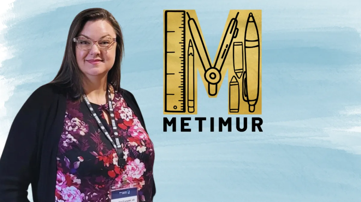 Dr. Mary Cochron, educational measurement leader and founder of Metimur, standing beside the Metimur logo.