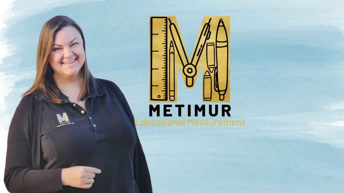 Dr. Mary Cochron standing beside the Metimur Educational Measurement logo against a blue watercolor background.