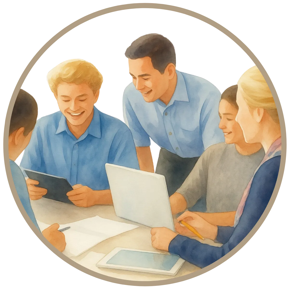 Illustration of educators and adults collaborating around a table with devices and papers, representing shared perspectives on assessment