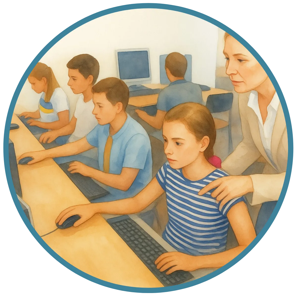 Illustration of students taking a computer-based test with a teacher observing, representing student engagement and attitudes during assessment