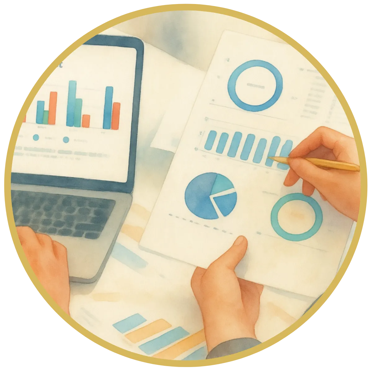 Illustration of charts, graphs, and data analysis on paper and a laptop, representing measurement and technical quality in assessment systems