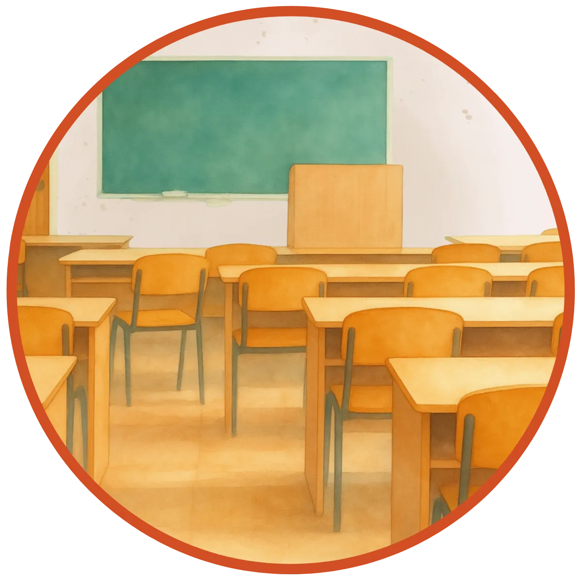 Illustration of an empty classroom with desks, chairs, and a chalkboard representing the physical testing environment in schools