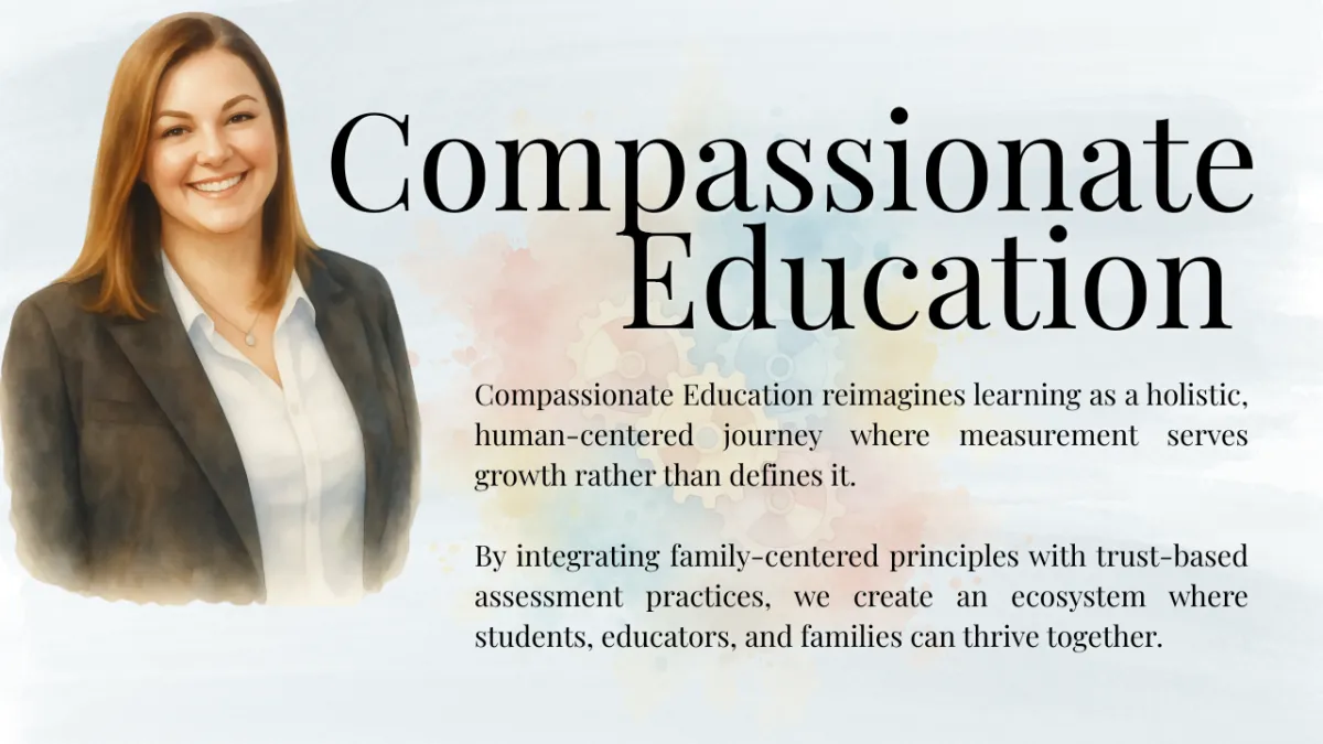 Compassionate Education informational graphic featuring a professional portrait of Mary Cochron alongside Compassionate Education branding, watercolor textures, pastel gears, and descriptive text about holistic human-centered learning.