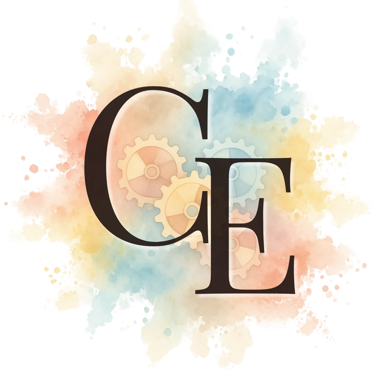 Square Compassionate Education graphic featuring large interconnected pastel gears over watercolor textures with black serif typography representing integrated human-centered educational systems.