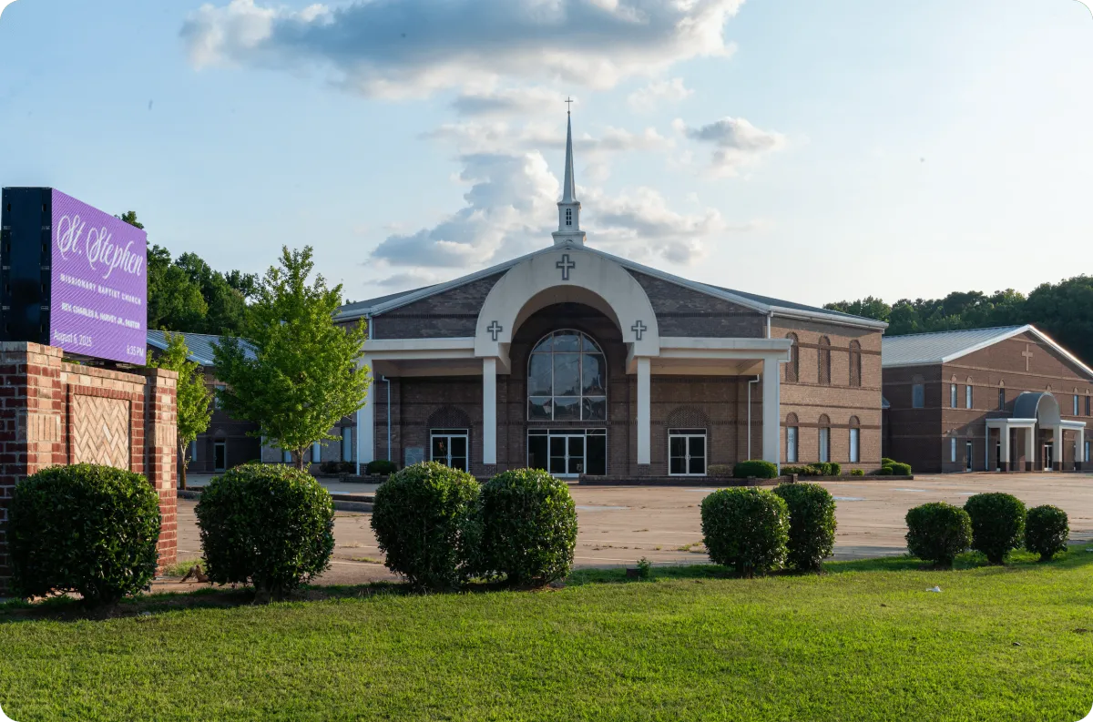 Church entrance signage showing event announcements on a NexaPanel X1.