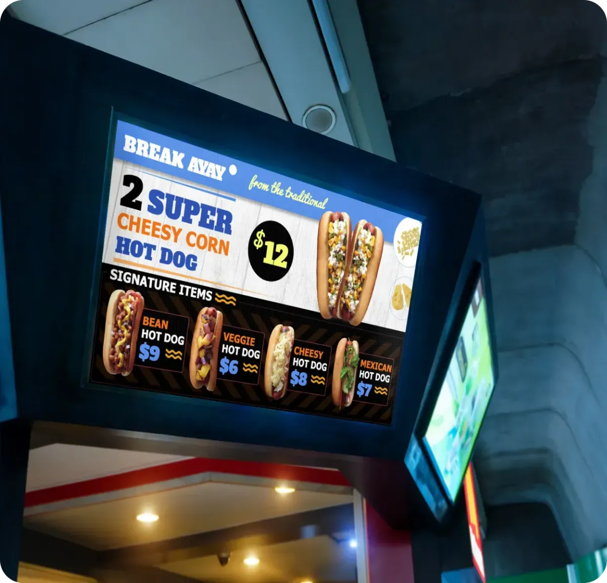 Restaurant interior displaying menu item, controlled with your ScrenHub software