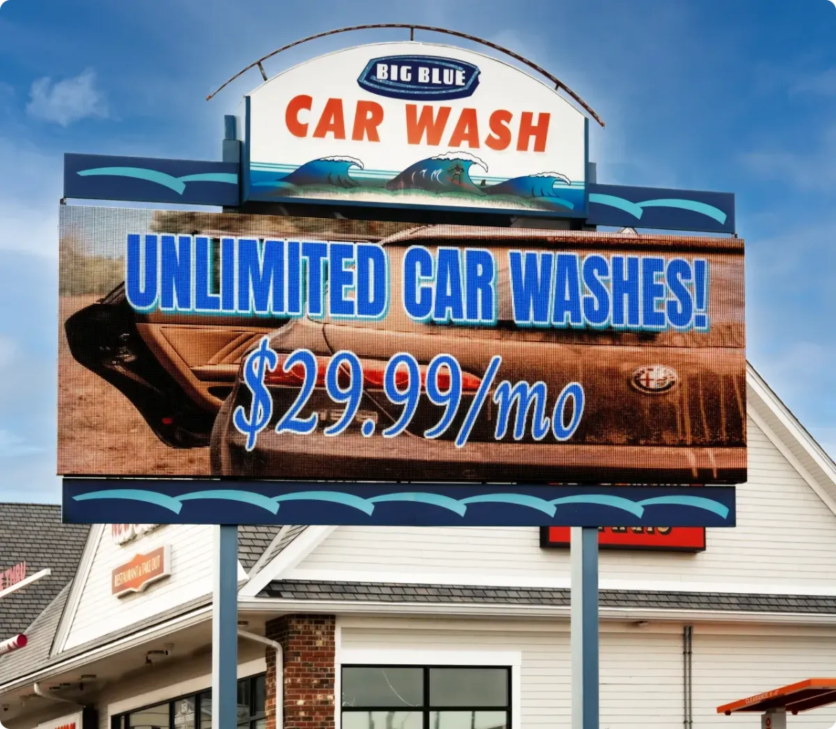 Cinema lobby with panels showing upcoming movies and promos; cinematic lighting and saturated colors to suggest vibrancy.