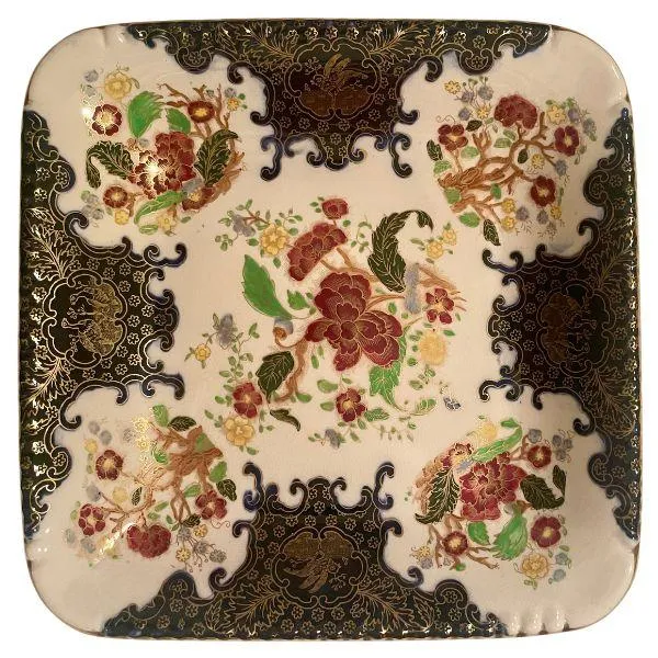 Soho Pottery Ambassador Ware square dish plate, multicolor floral pattern with blue, red, green, and gold accents, vintage collectible.