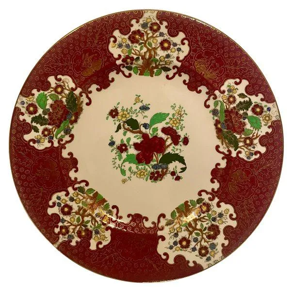 Georgian Solian Ware 12-inch plate, red with gold gilding and floral pattern, vintage earthenware.