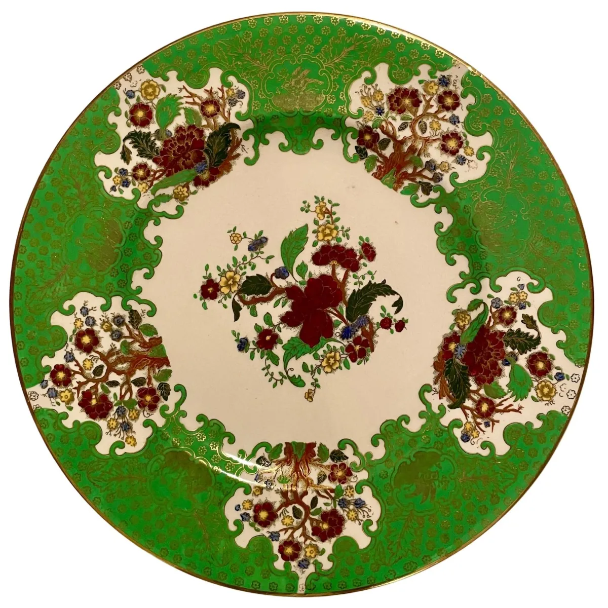 Georgian Solian Ware 12-inch plate, green with gold gilding and floral pattern, vintage earthenware.