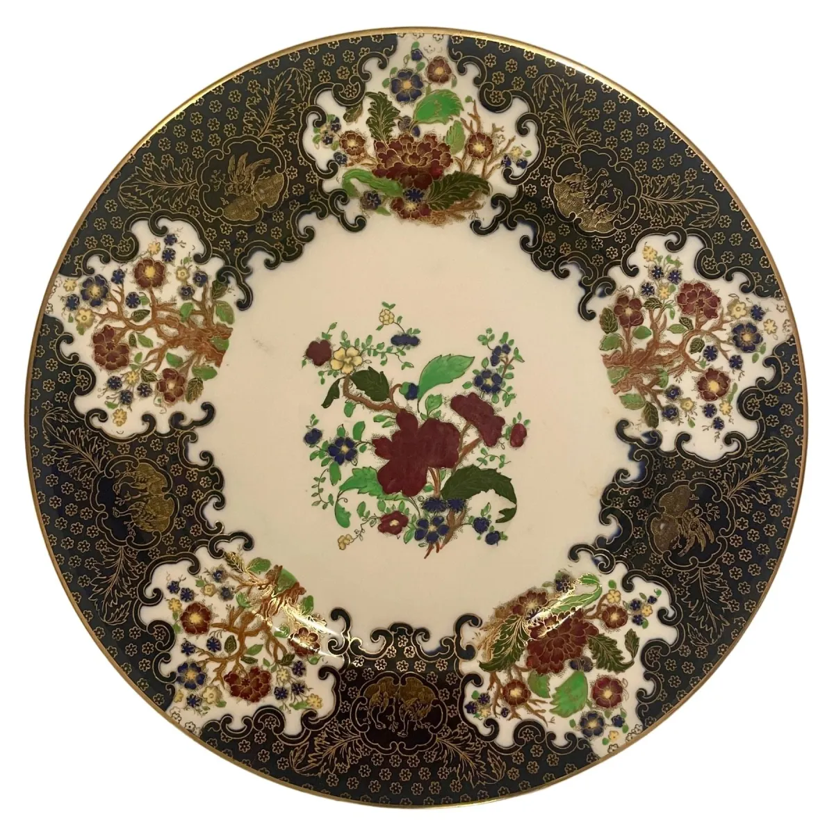 Georgian Solian Ware 12-inch plate, blue with gold gilding and floral pattern, vintage earthenware.