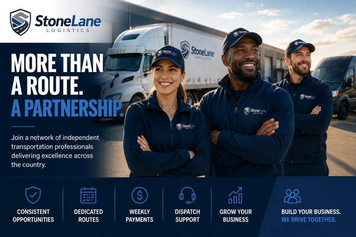 StoneLane Logistics transportation partners standing with commercial delivery vehicles outside a distribution center, representing nationwide logistics and owner-operator opportunities.