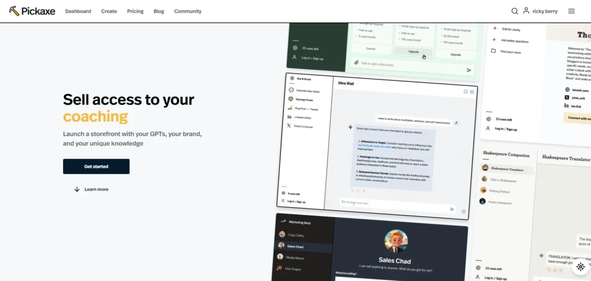 Pickaxe platform enables users to sell access to coaching, creating sales pages with GPTs and personalized knowledge