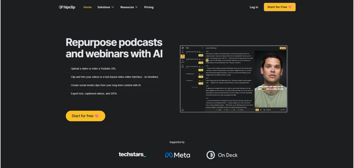 HipClip AI platform repurposes podcasts and webinars by creating social media clips, captions, and text-based video edits.