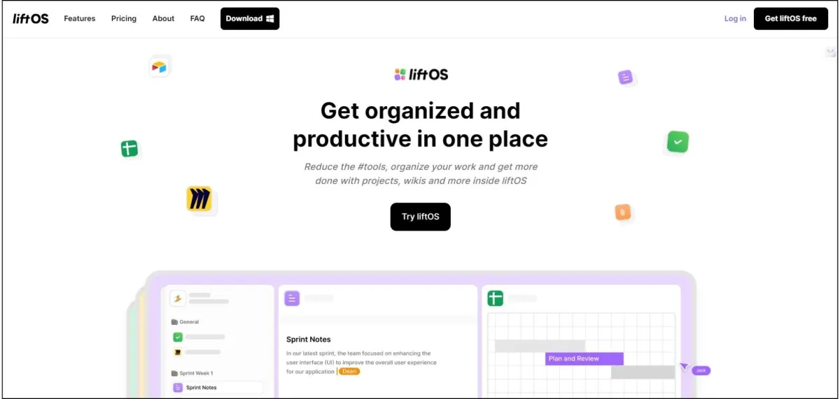 LiftOS platform for organizing work projects, wikis, and tasks in one place, increasing productivity by reducing tool usage.