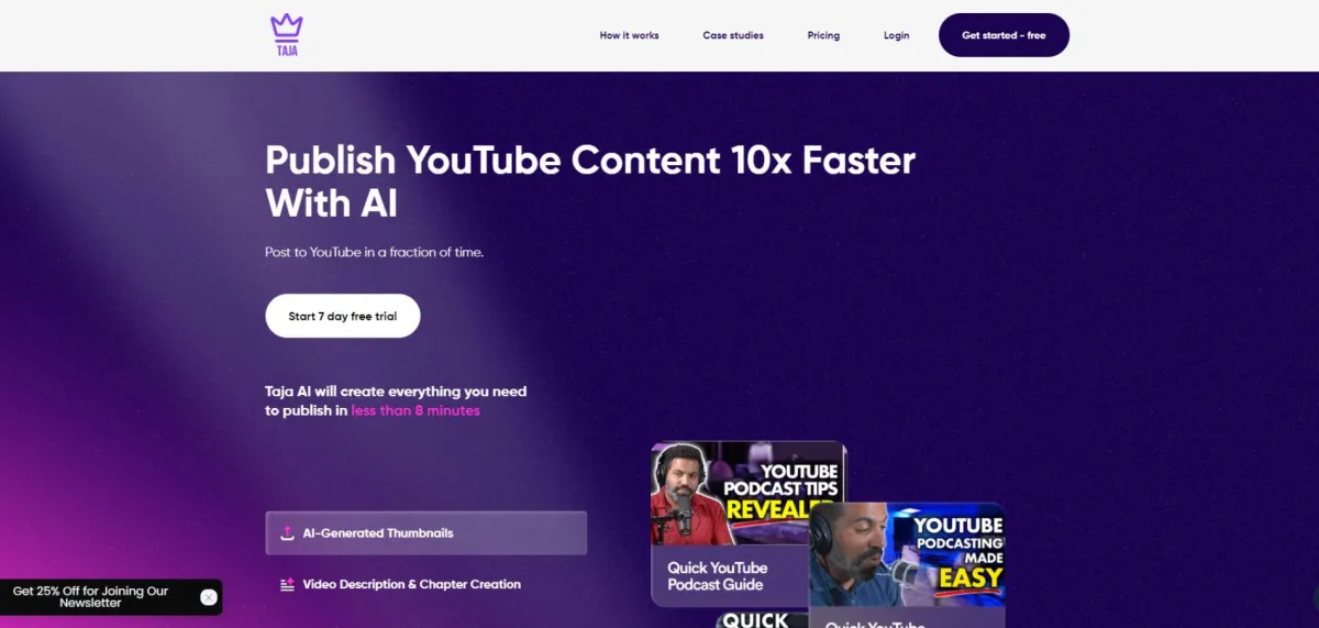 Taja AI platform helps YouTube creators publish content 10x faster with automated thumbnails, descriptions, and chapters.