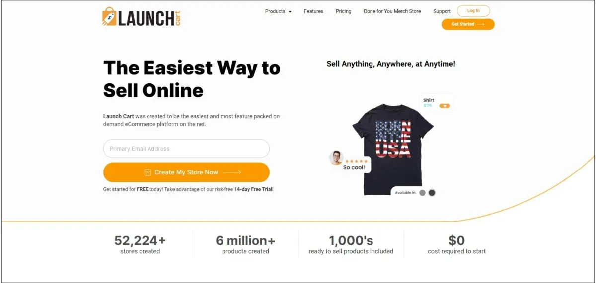 Launch Cart platform for easy online store creation, featuring affordable pricing and simple store setup